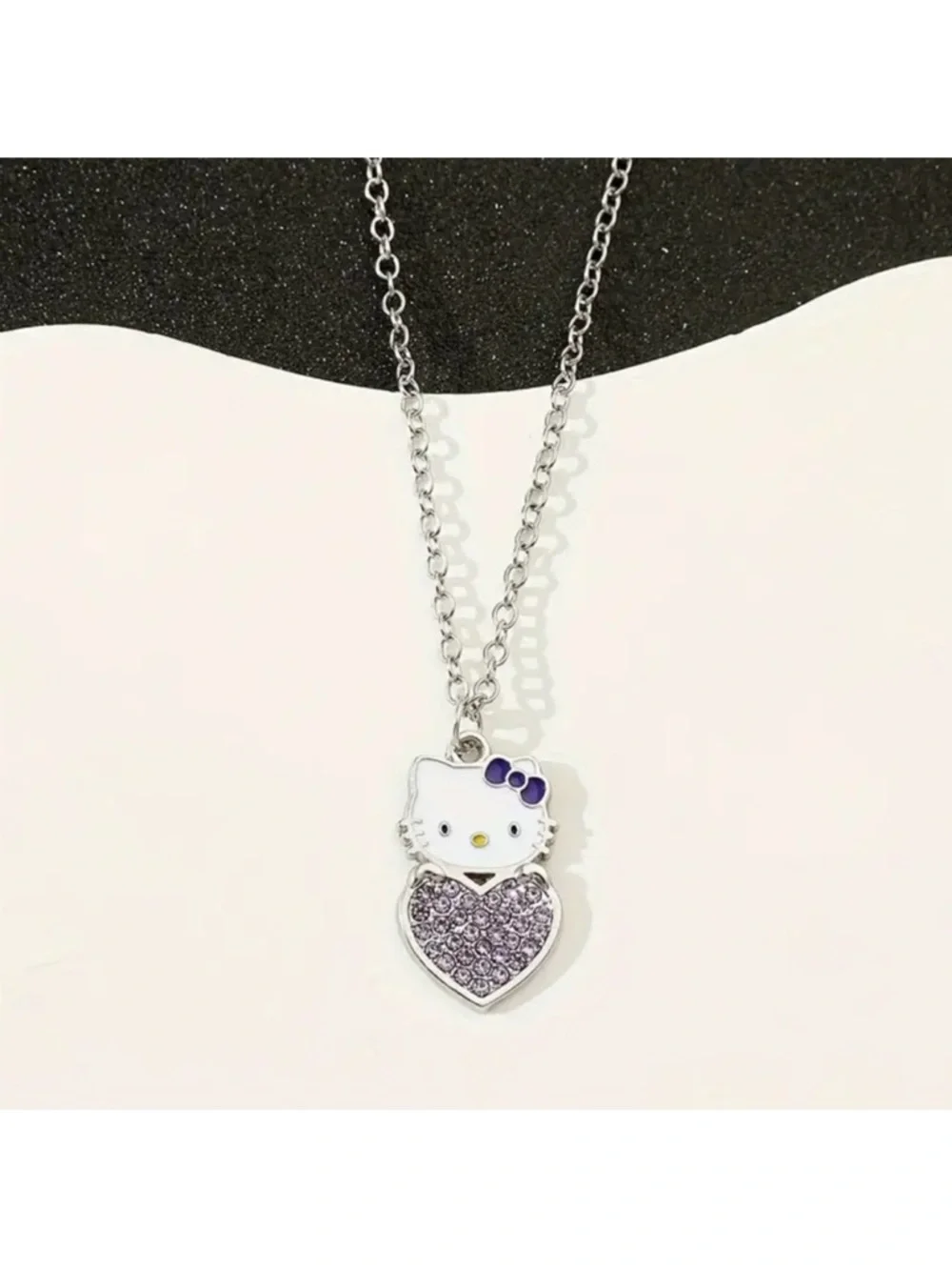 Hello Kitty Purple Crystal Silver Heart Pendant Necklace Kids NWT